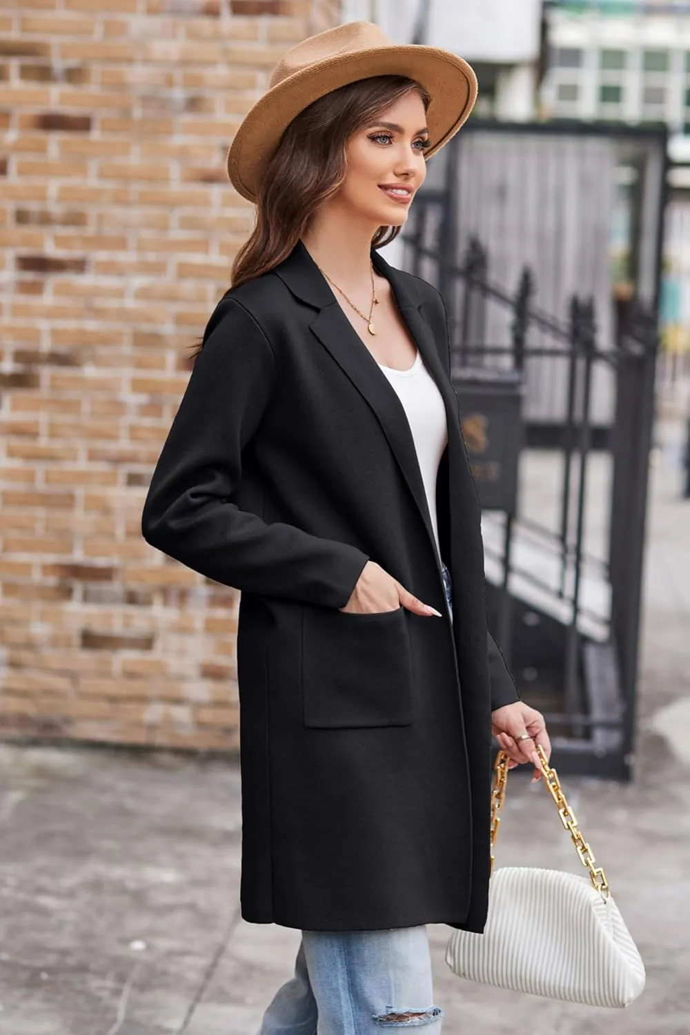 GRACE KARIN Women's 2025 Fashion Open Front Long Cardigan Sweaters Long Sleeve Lapel Knit Sweater Jacket with Pockets
