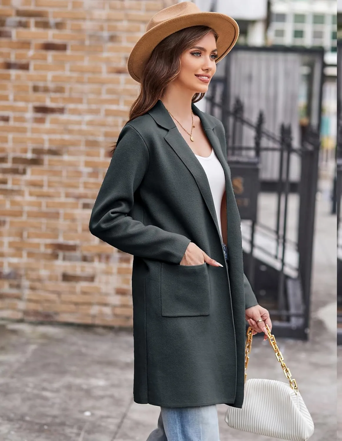 GRACE KARIN Women's 2025 Fashion Open Front Long Cardigan Sweaters Long Sleeve Lapel Knit Sweater Jacket with Pockets