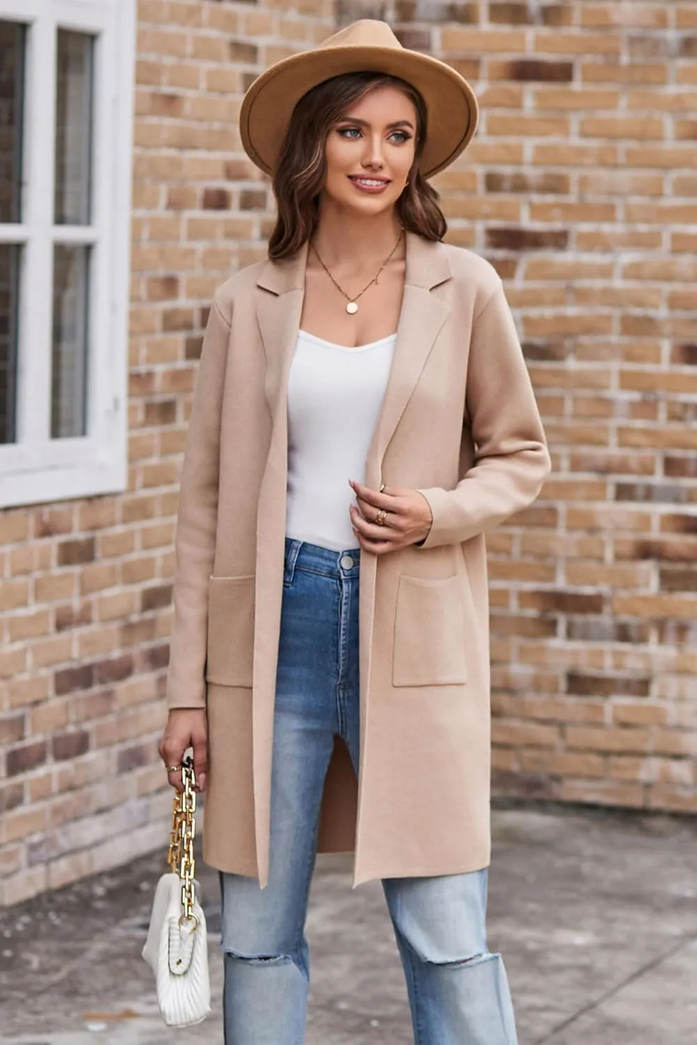 GRACE KARIN Women's 2025 Fashion Open Front Long Cardigan Sweaters Long Sleeve Lapel Knit Sweater Jacket with Pockets