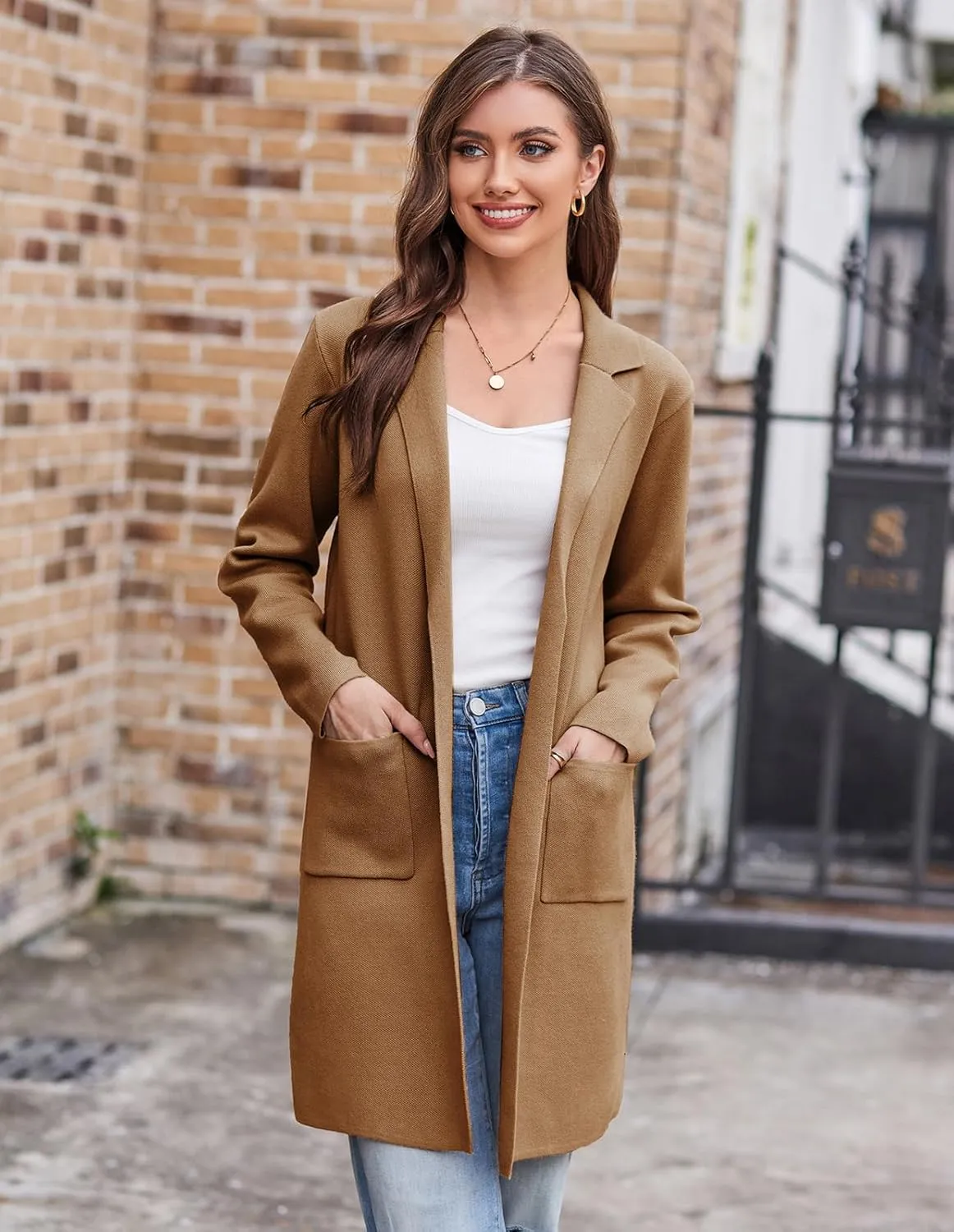 GRACE KARIN Women's 2025 Fashion Open Front Long Cardigan Sweaters Long Sleeve Lapel Knit Sweater Jacket with Pockets