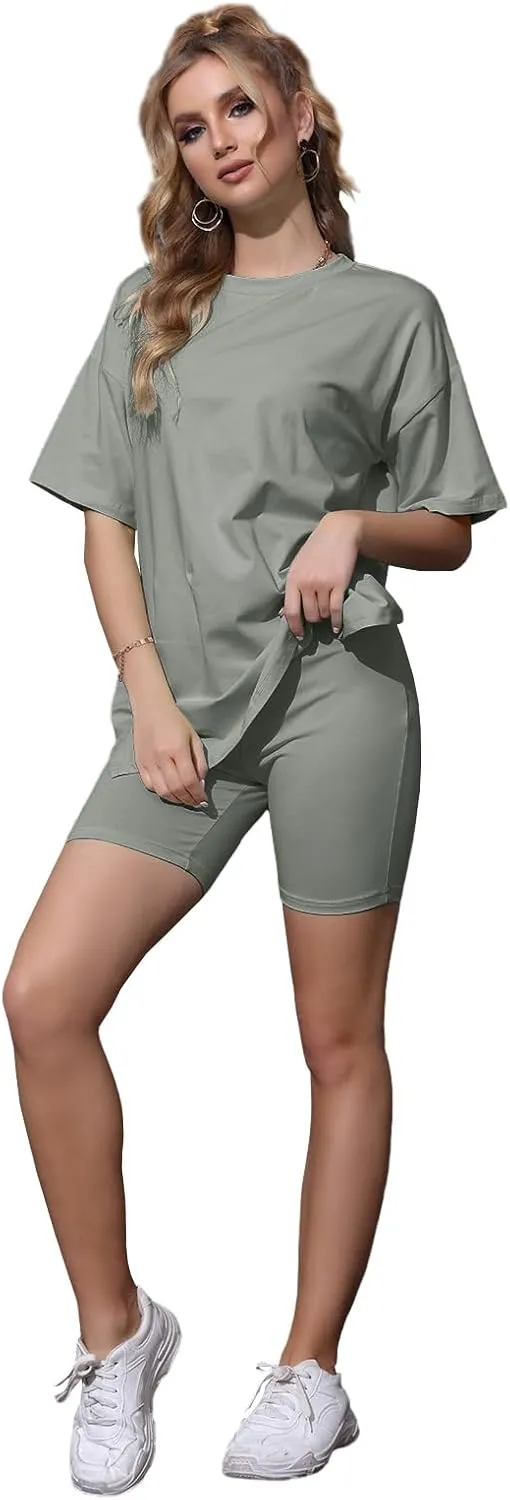 Halfword Women 2 Piece Outfit Sets Casual Oversize T-Shirt Tops Biker Shorts Workout Sport Tracksuit Lounge Sets