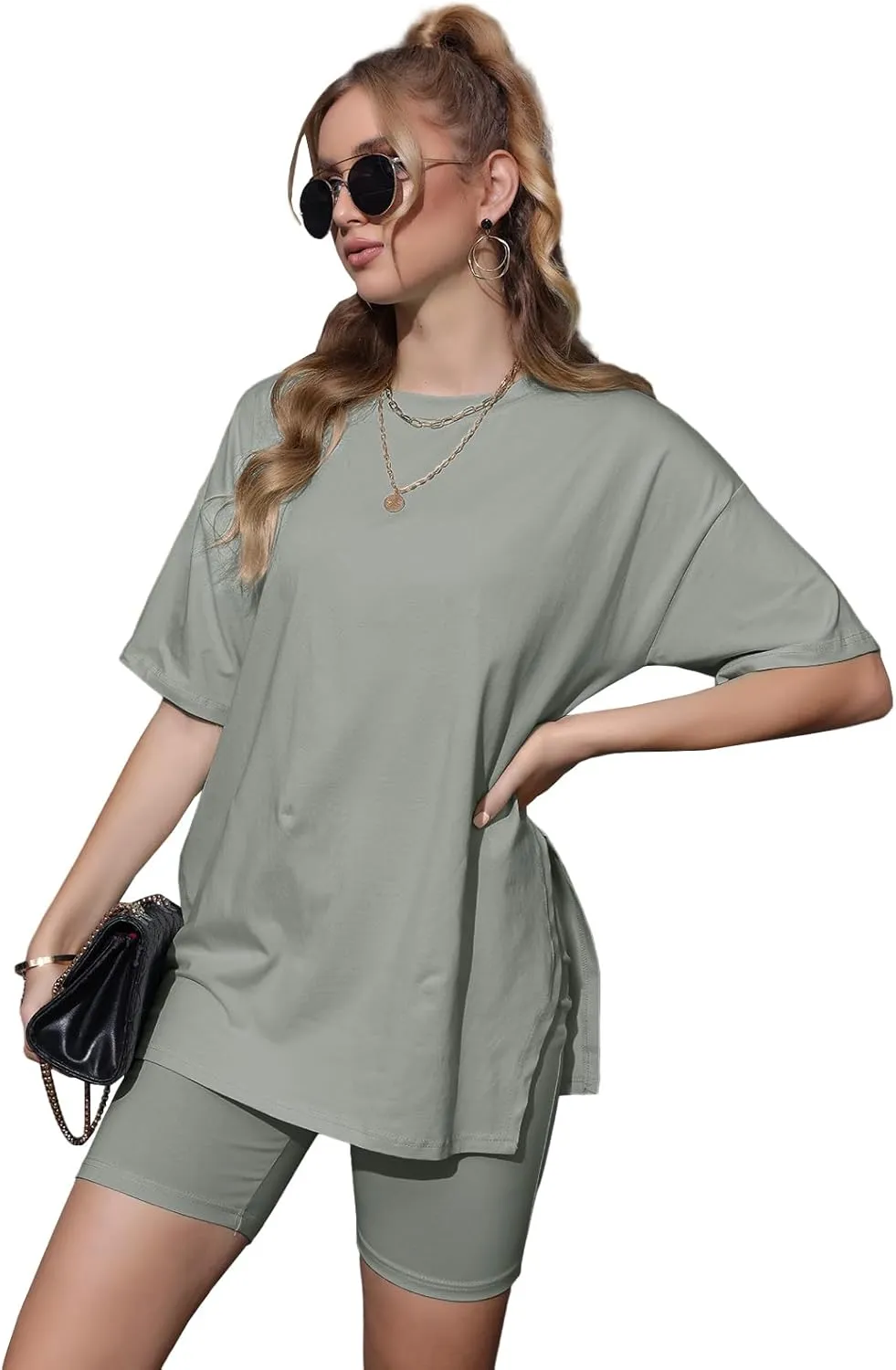 Halfword Women 2 Piece Outfit Sets Casual Oversize T-Shirt Tops Biker Shorts Workout Sport Tracksuit Lounge Sets