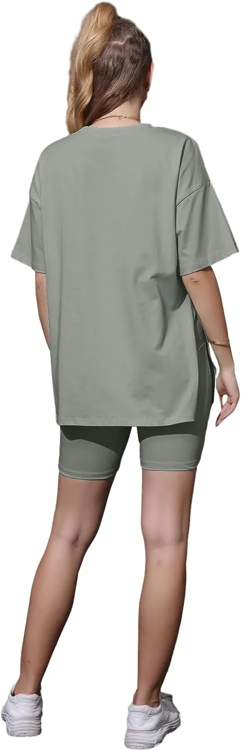 Halfword Women 2 Piece Outfit Sets Casual Oversize T-Shirt Tops Biker Shorts Workout Sport Tracksuit Lounge Sets