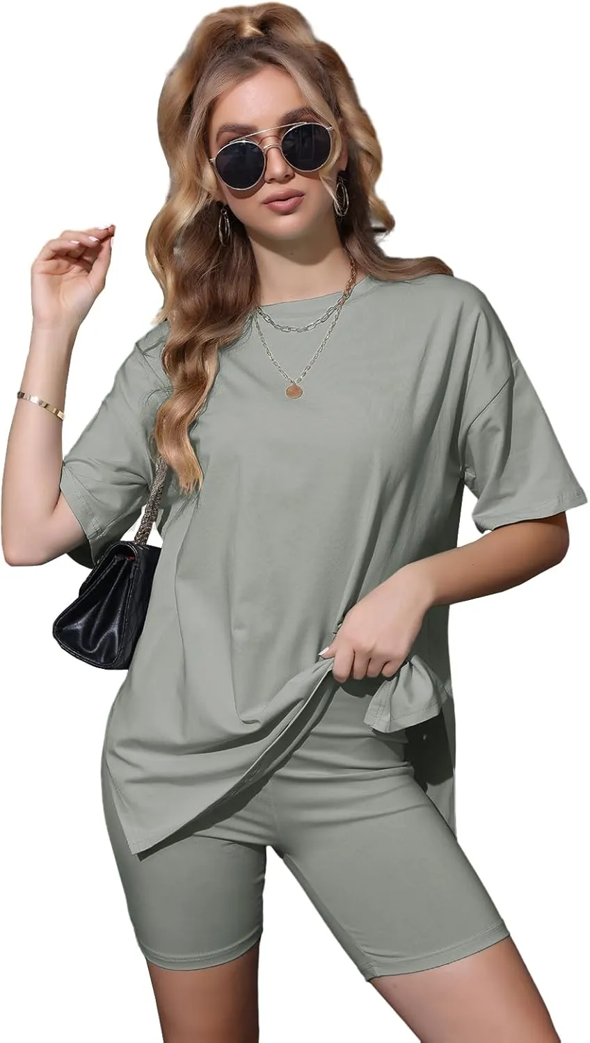 Halfword Women 2 Piece Outfit Sets Casual Oversize T-Shirt Tops Biker Shorts Workout Sport Tracksuit Lounge Sets