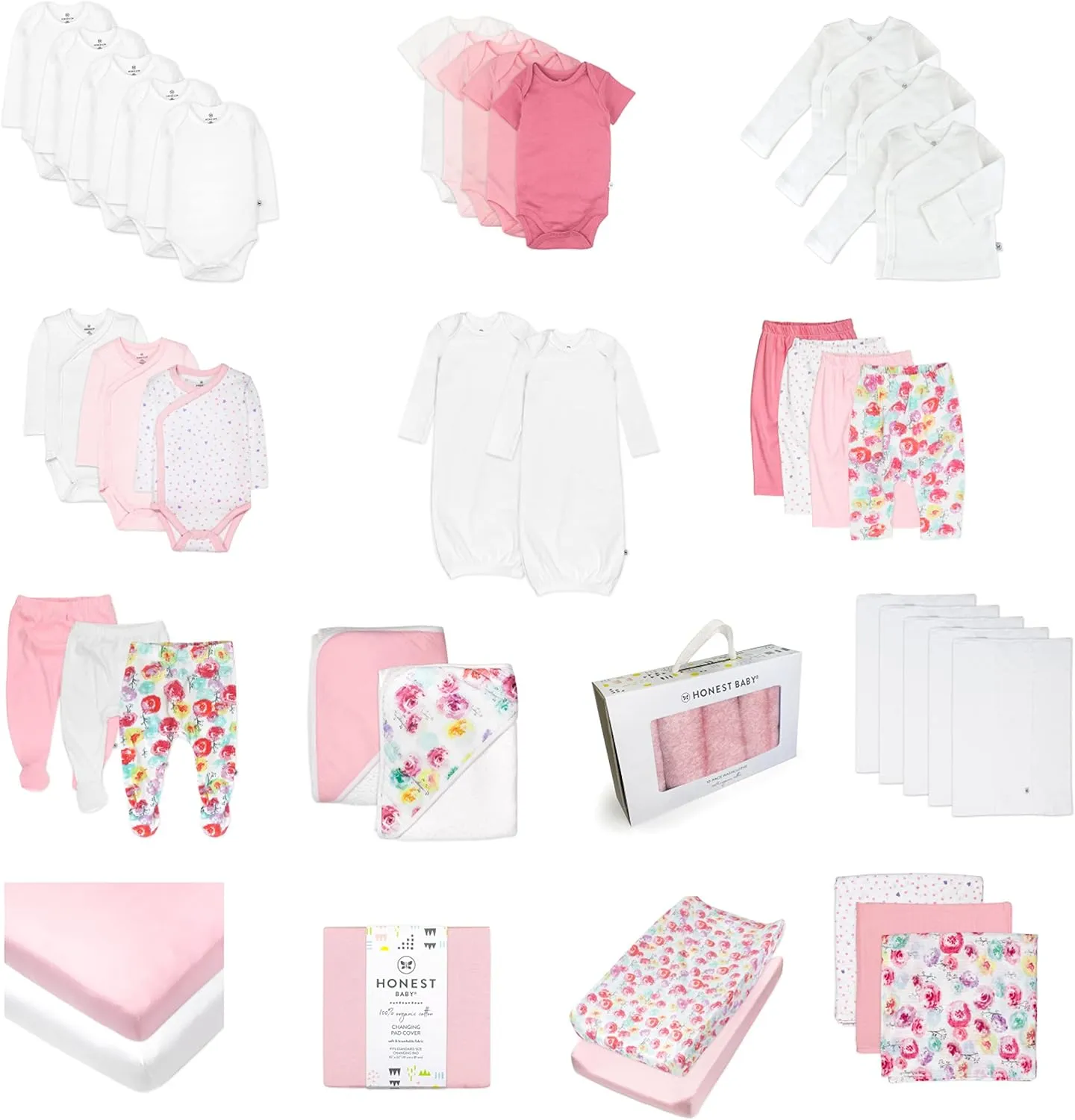 HonestBaby 50-Piece Oh Set Newborn Essentials Gift Box 100% Organic Cotton for Infant Baby Boys, Girls, Unisex
