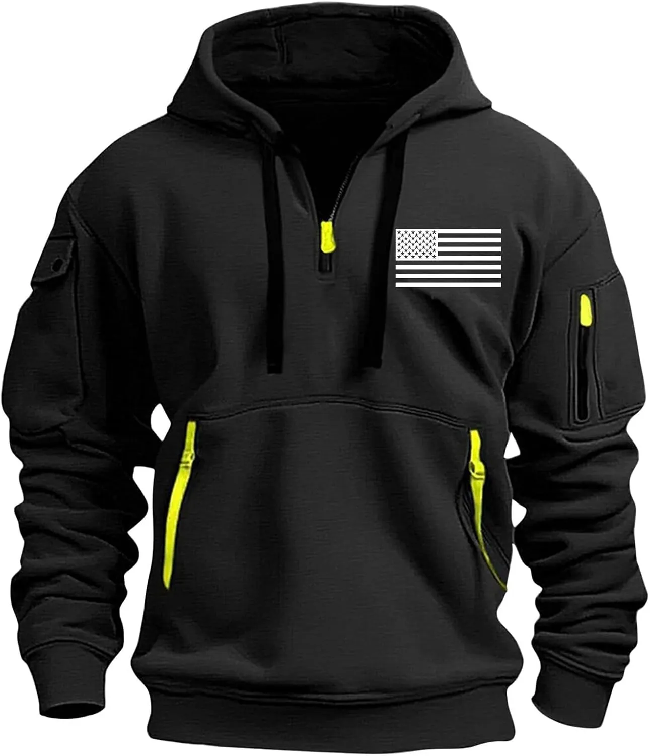 Hoodies for Men 1/4 Zip, Letters Prints and USA Flag Print, Drawstring, Arm Pocket, Kangaroo Pocket, Sweatshirts for Men