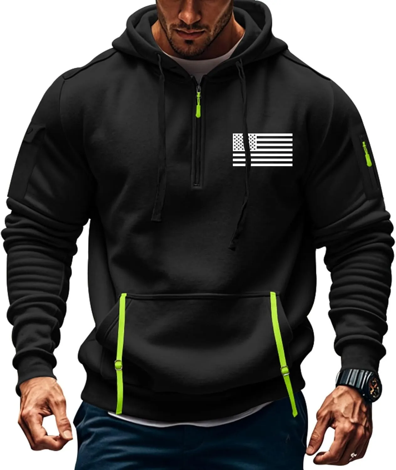 Hoodies for Men 1/4 Zip, Letters Prints and USA Flag Print, Drawstring, Arm Pocket, Kangaroo Pocket, Sweatshirts for Men