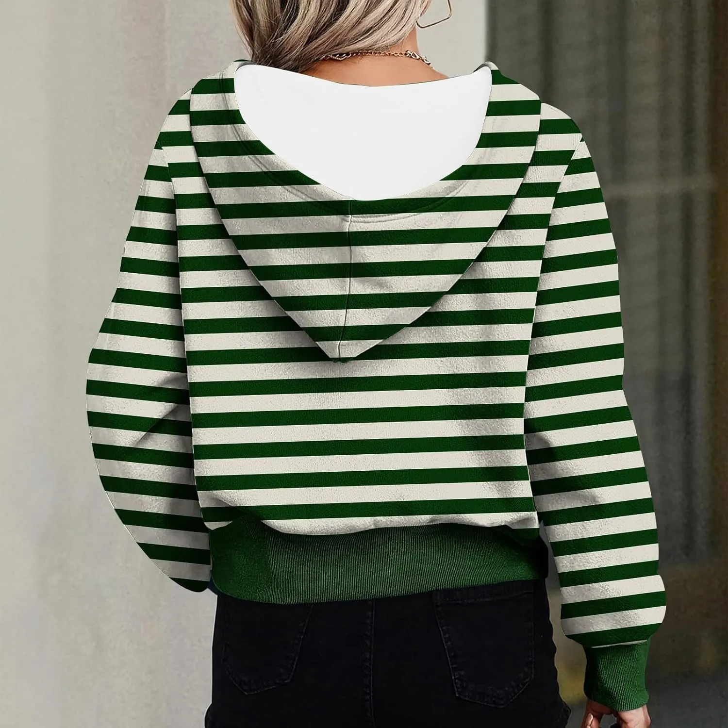 Hoodies for Women Long Sleeve Cropped Hooded Sweatshirt Striped Half Zip Loose Fit Hoodies Pullover Casual Fall Clothes
