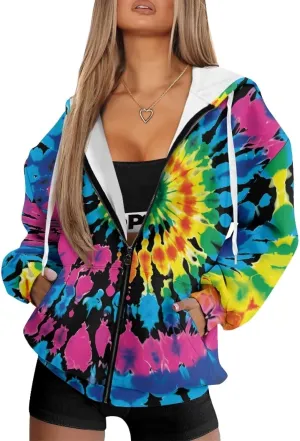 HUGS IDEA Women's Drawstring Zip Up Cute Hoodies Fall Jacket Oversized Casual Sweatshirts with Pocket
