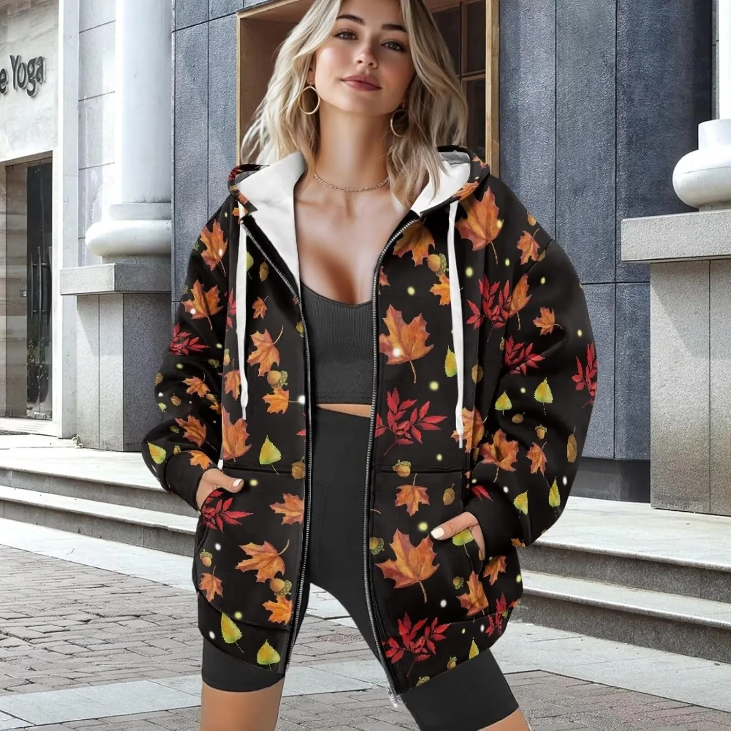 HUGS IDEA Women's Drawstring Zip Up Cute Hoodies Fall Jacket Oversized Casual Sweatshirts with Pocket