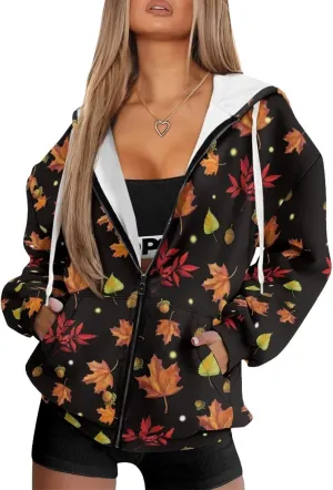 HUGS IDEA Women's Drawstring Zip Up Cute Hoodies Fall Jacket Oversized Casual Sweatshirts with Pocket