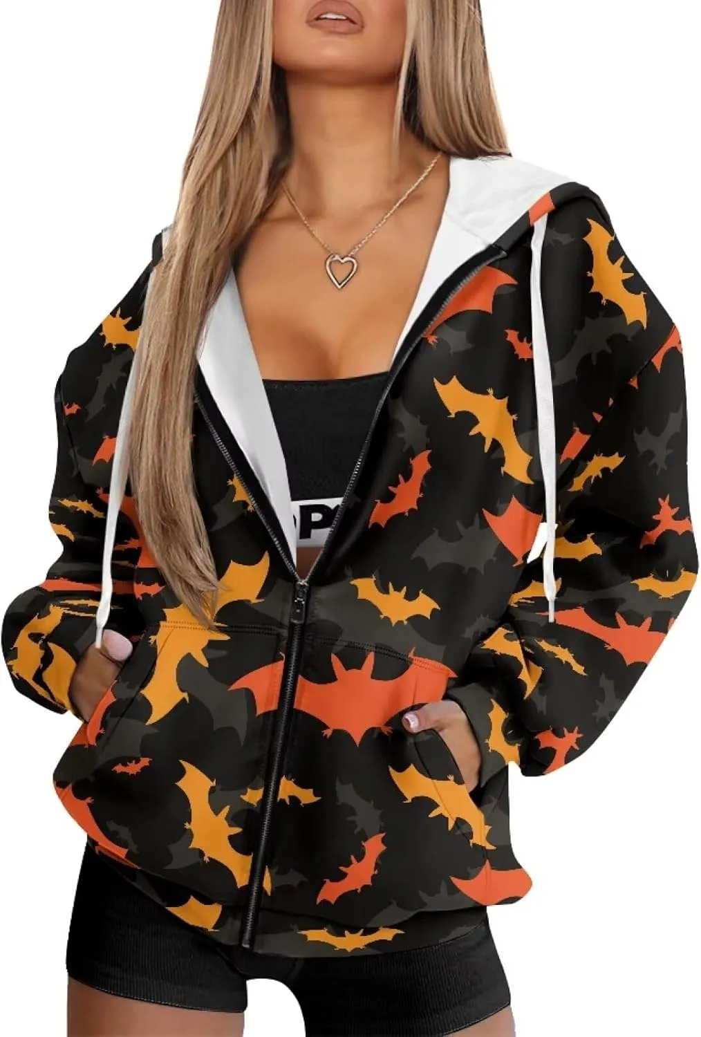 HUGS IDEA Women's Drawstring Zip Up Cute Hoodies Fall Jacket Oversized Casual Sweatshirts with Pocket