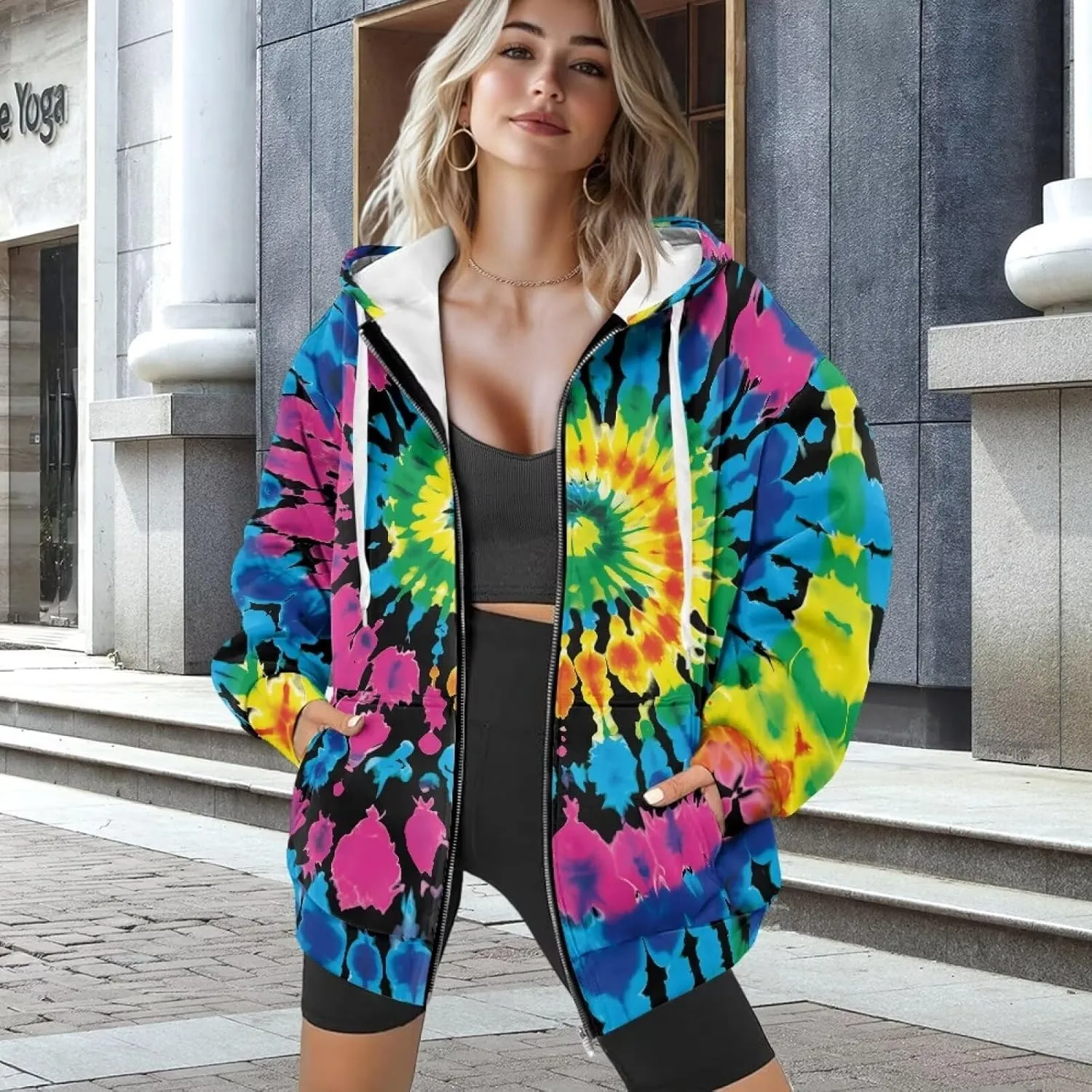 HUGS IDEA Women's Drawstring Zip Up Cute Hoodies Fall Jacket Oversized Casual Sweatshirts with Pocket