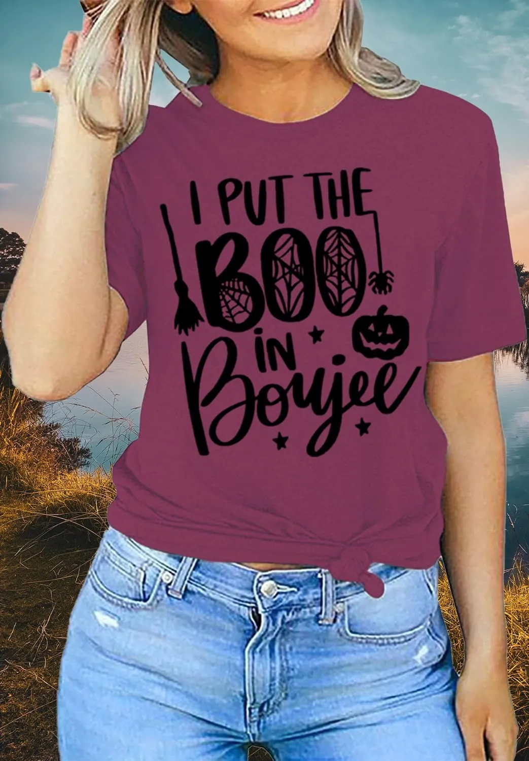 I Put The Boo in Boujee Women Funny Letter Print Halloween Shirts Classic Round Neck Casual Loose Fit Short Sleeve Tops