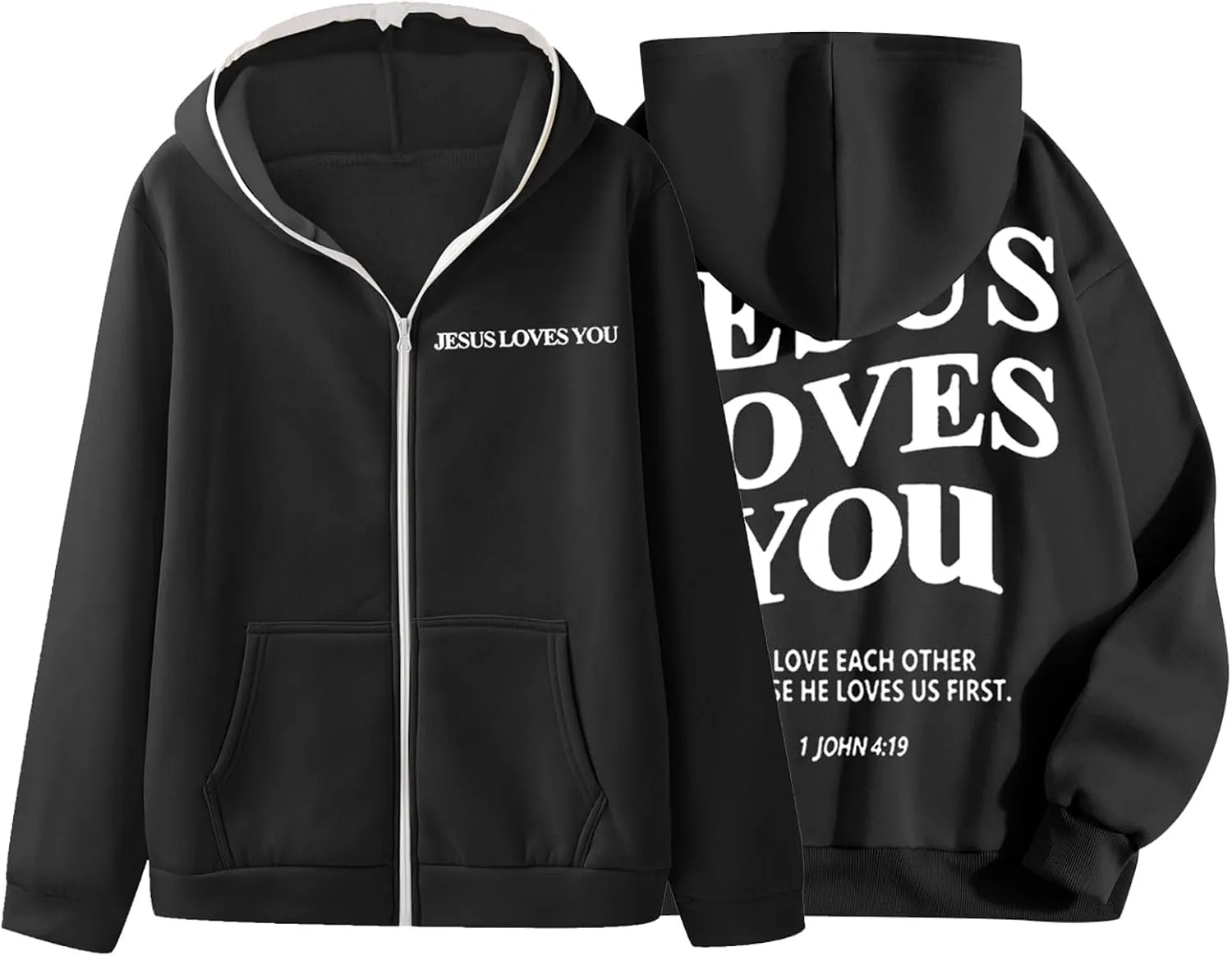 Jesus Loves You Zip Up Hoodie Men Trust in The Lord Sweatshirt Letter Print Preppy Coat Long Sleeve Jacket