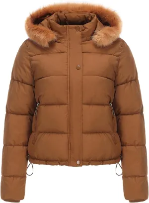 JOAU Women's Cotton Padded Puffer Jackets Zip Up Quilted Down Outwear Winter Warm Detachable Fur Hooded Pockets Short Coats