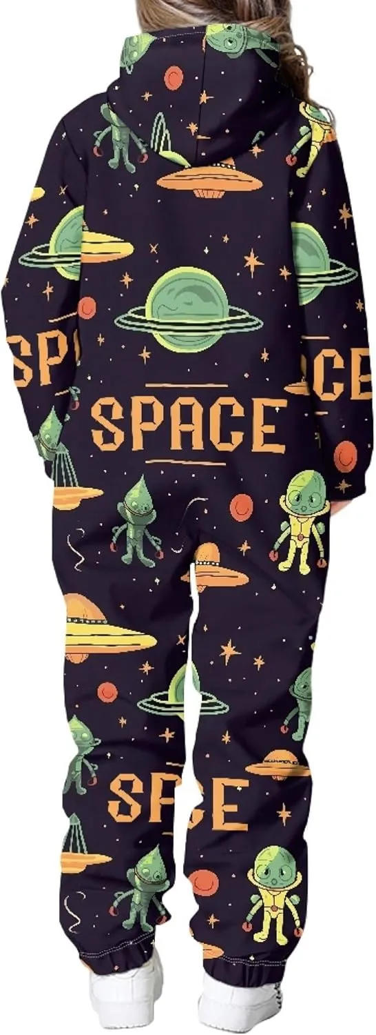 Kids 3D Galaxy Novelty Print Sky Graphic Jumpsuits Zip Up Hoodie One Piece Rompers Boys Girls