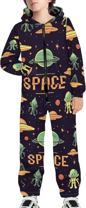 Kids 3D Galaxy Novelty Print Sky Graphic Jumpsuits Zip Up Hoodie One Piece Rompers Boys Girls