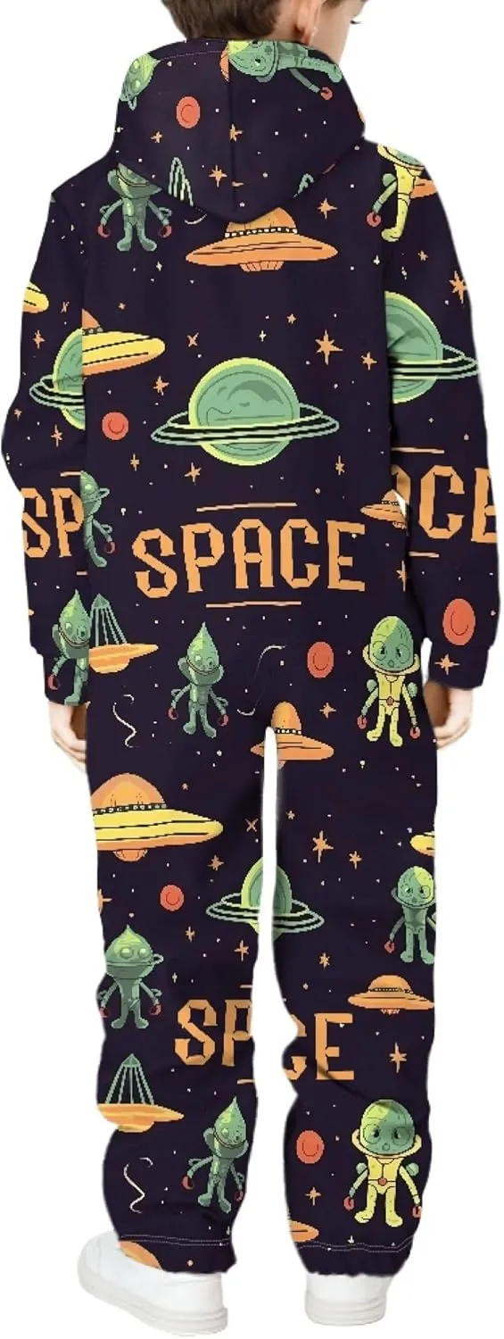 Kids 3D Galaxy Novelty Print Sky Graphic Jumpsuits Zip Up Hoodie One Piece Rompers Boys Girls