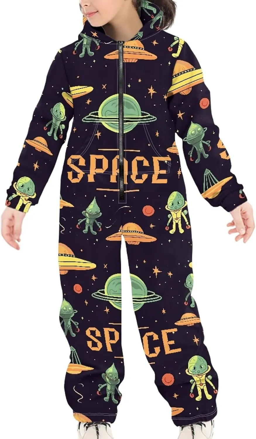 Kids 3D Galaxy Novelty Print Sky Graphic Jumpsuits Zip Up Hoodie One Piece Rompers Boys Girls