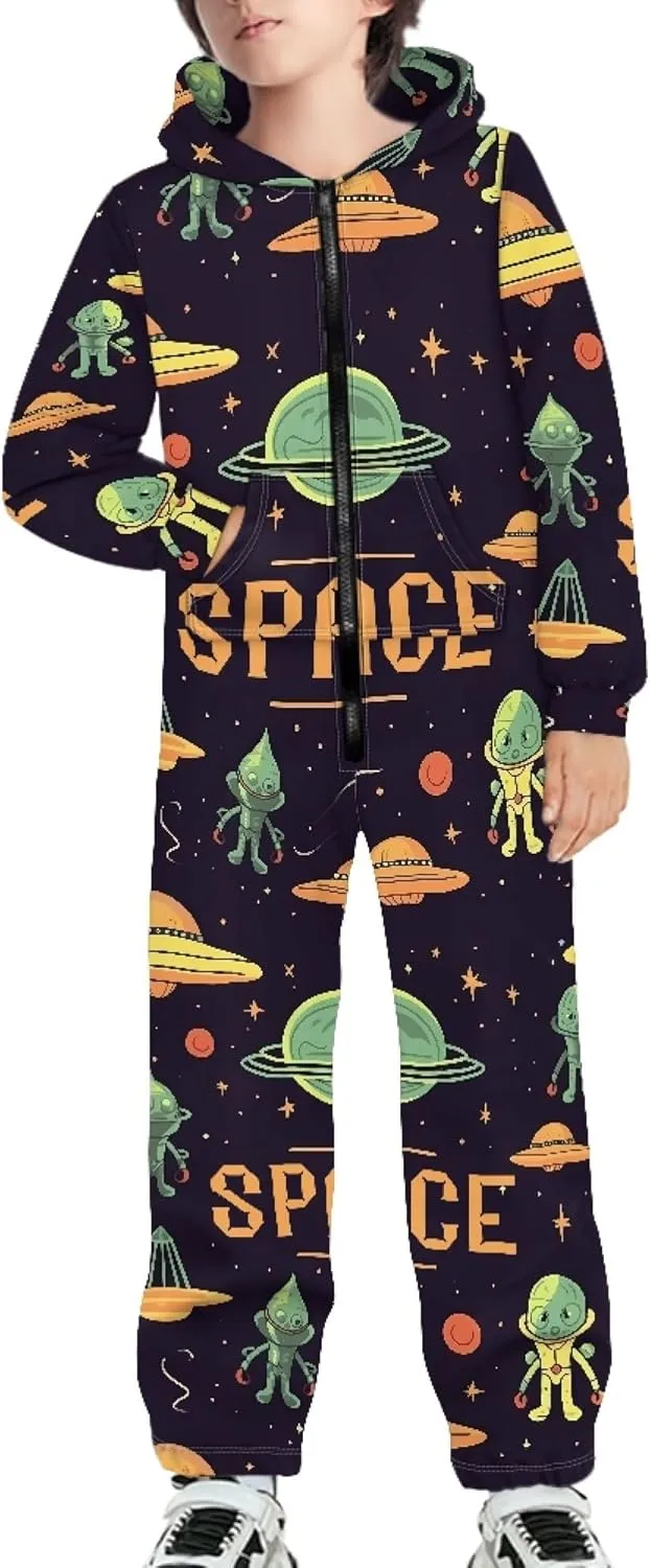 Kids 3D Galaxy Novelty Print Sky Graphic Jumpsuits Zip Up Hoodie One Piece Rompers Boys Girls