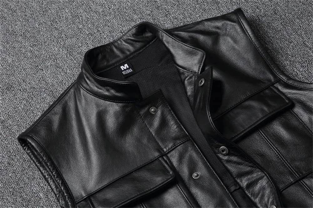 Leather Motorcycle Vests Cowhide Leather Sleeveless Jacket Black Slim Fit Club Riding Biker Vests