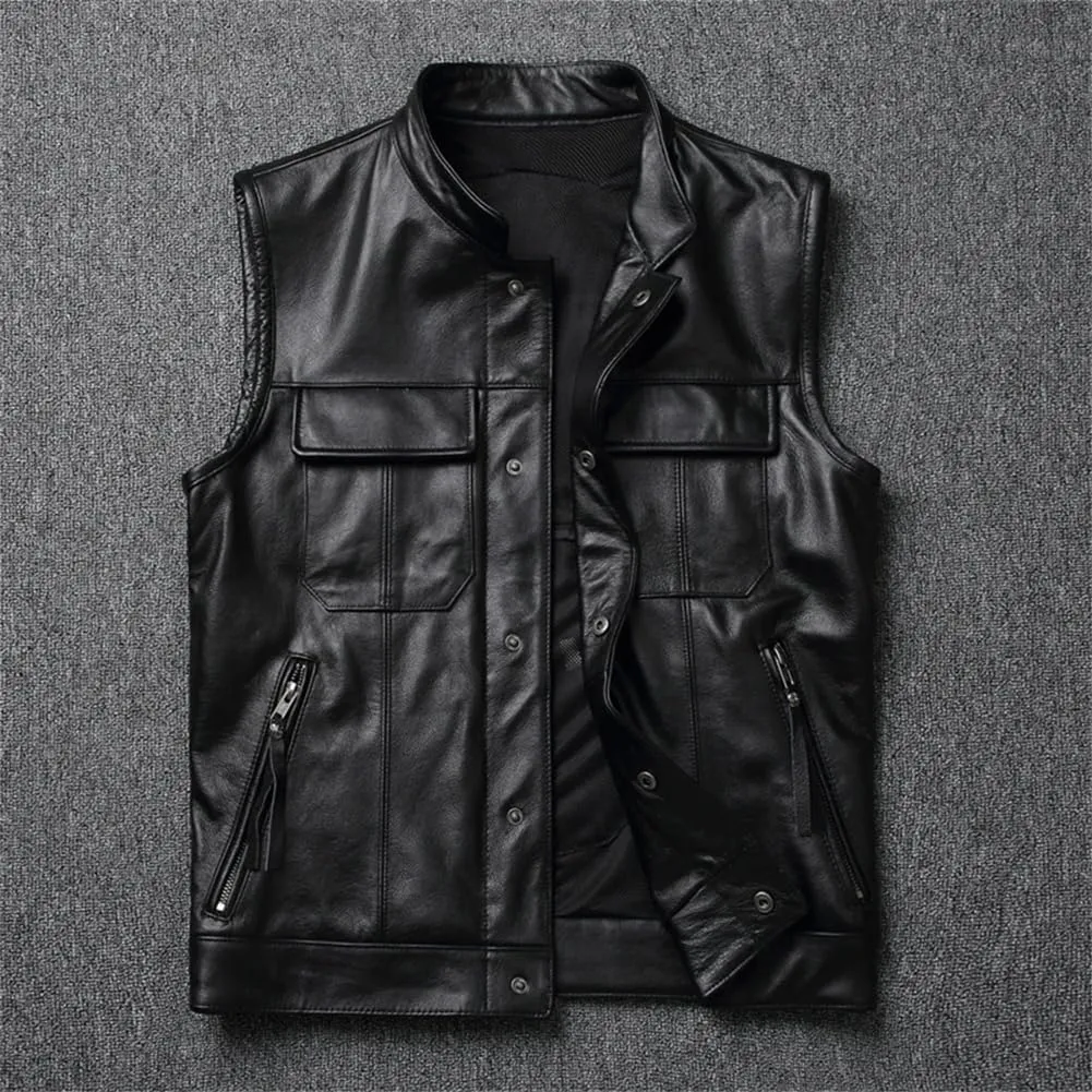 Leather Motorcycle Vests Cowhide Leather Sleeveless Jacket Black Slim Fit Club Riding Biker Vests