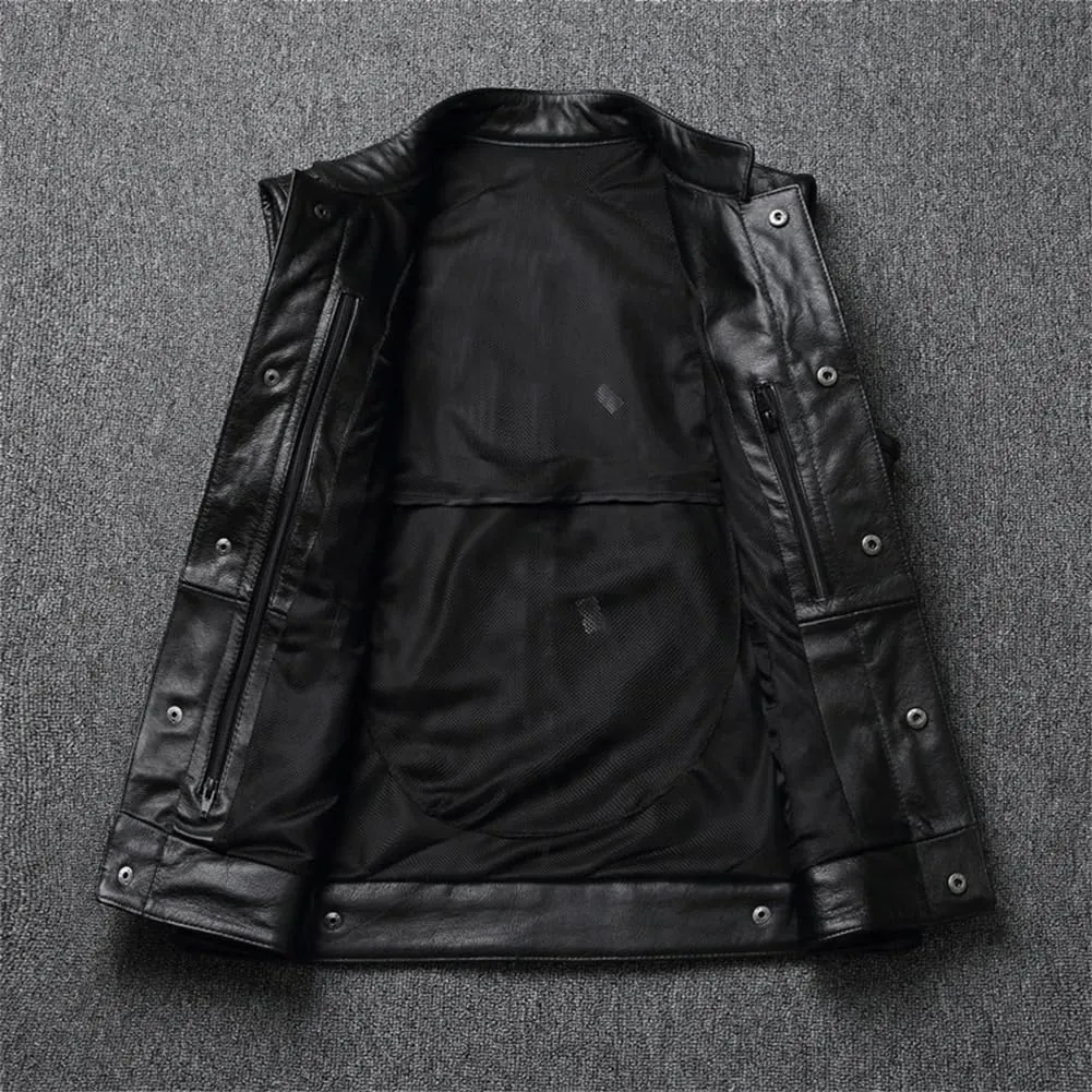 Leather Motorcycle Vests Cowhide Leather Sleeveless Jacket Black Slim Fit Club Riding Biker Vests