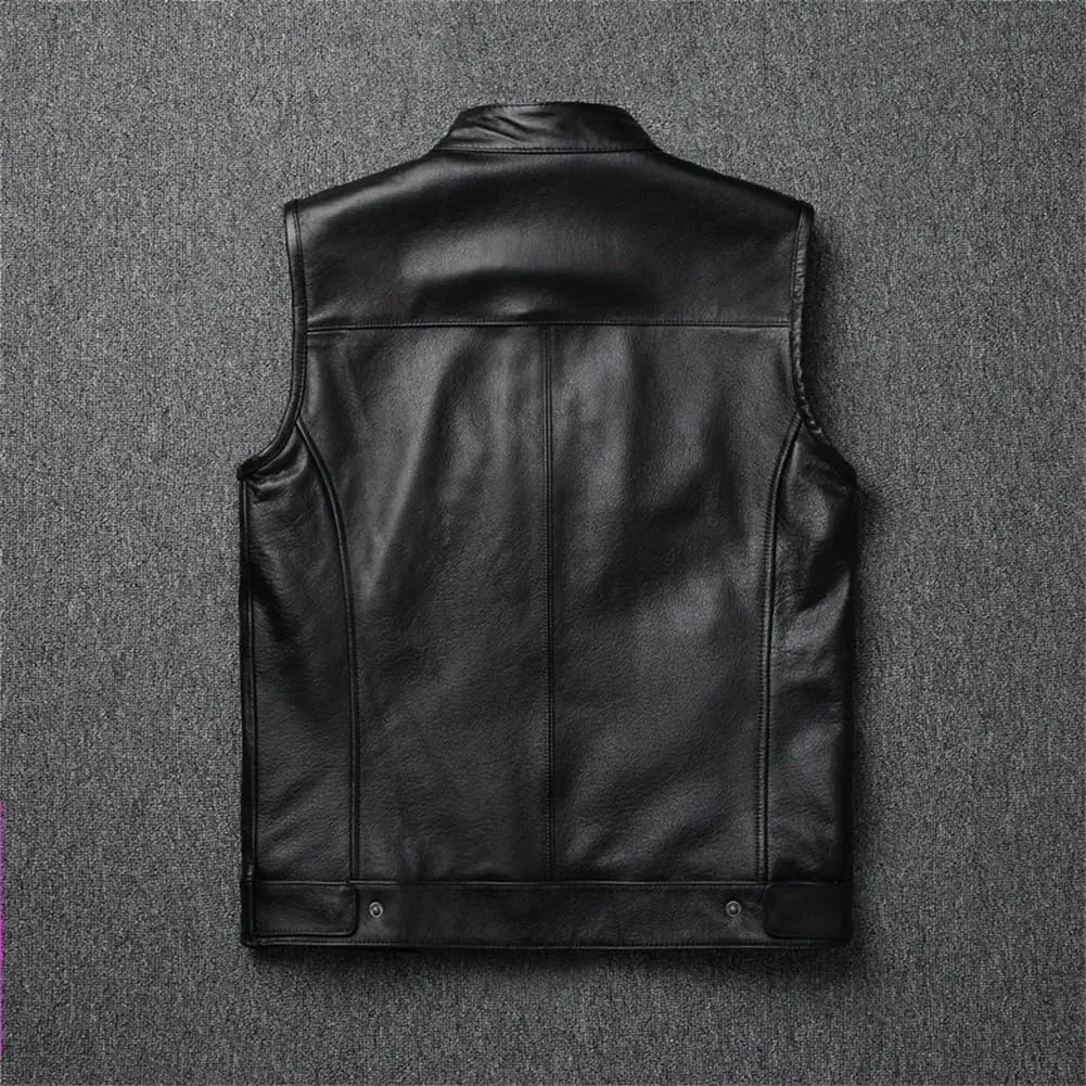 Leather Motorcycle Vests Cowhide Leather Sleeveless Jacket Black Slim Fit Club Riding Biker Vests