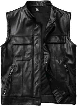 Leather Motorcycle Vests Cowhide Leather Sleeveless Jacket Black Slim Fit Club Riding Biker Vests