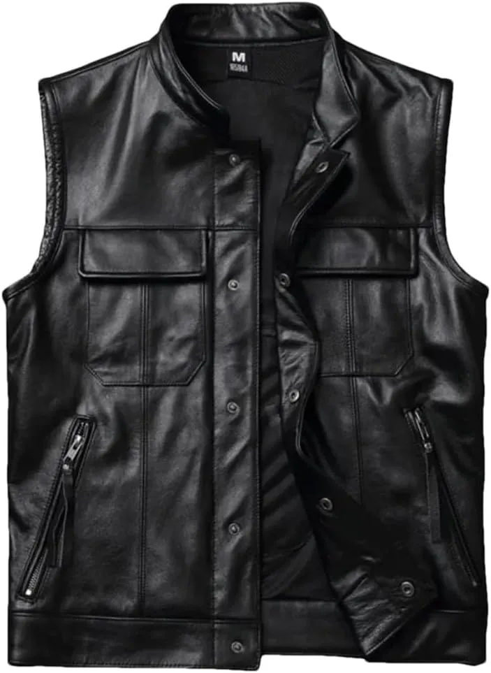Leather Motorcycle Vests Cowhide Leather Sleeveless Jacket Black Slim Fit Club Riding Biker Vests