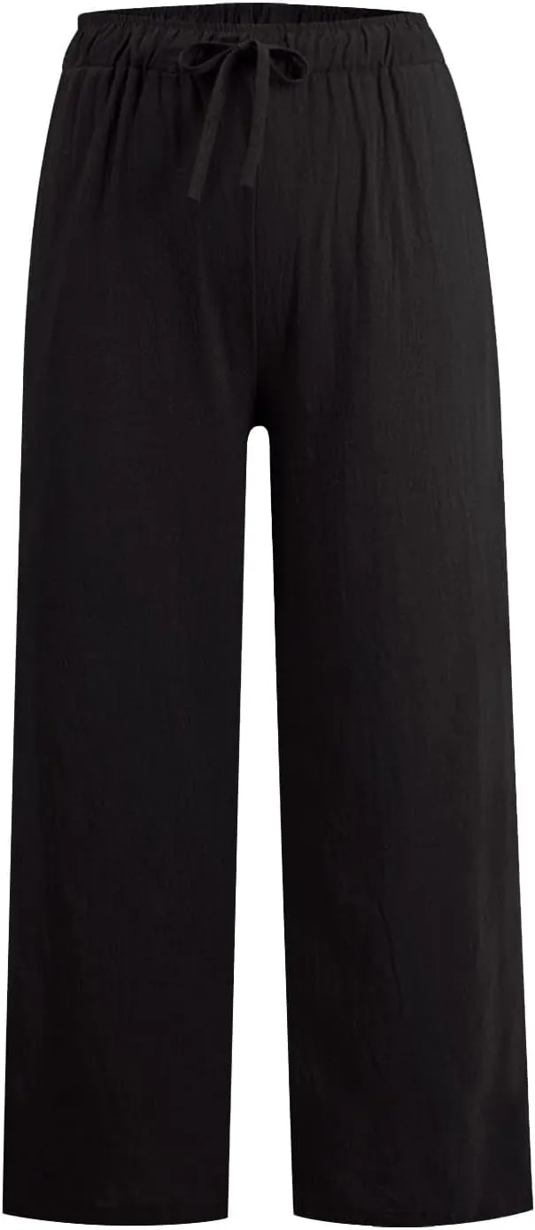 LEMONONSTORE Women Linen Pants Casual Wide Leg Pants Summer Palazzo Pants Loose Flowy Beach Pants Drawstring Elastic Trousers