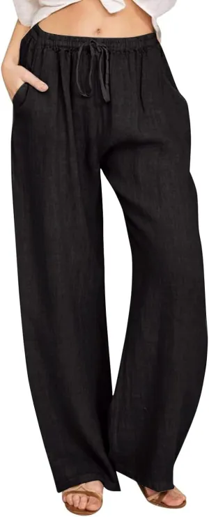LEMONONSTORE Women Linen Pants Casual Wide Leg Pants Summer Palazzo Pants Loose Flowy Beach Pants Drawstring Elastic Trousers