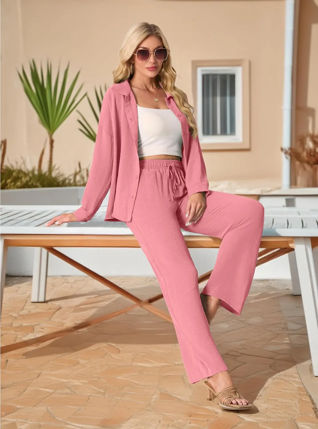 Lepunuo 2 Piece Outfits for Women Casual Lounge Sets Long Sleeve Button Down Shirts and Wide Leg Pants Sets Tracksuit