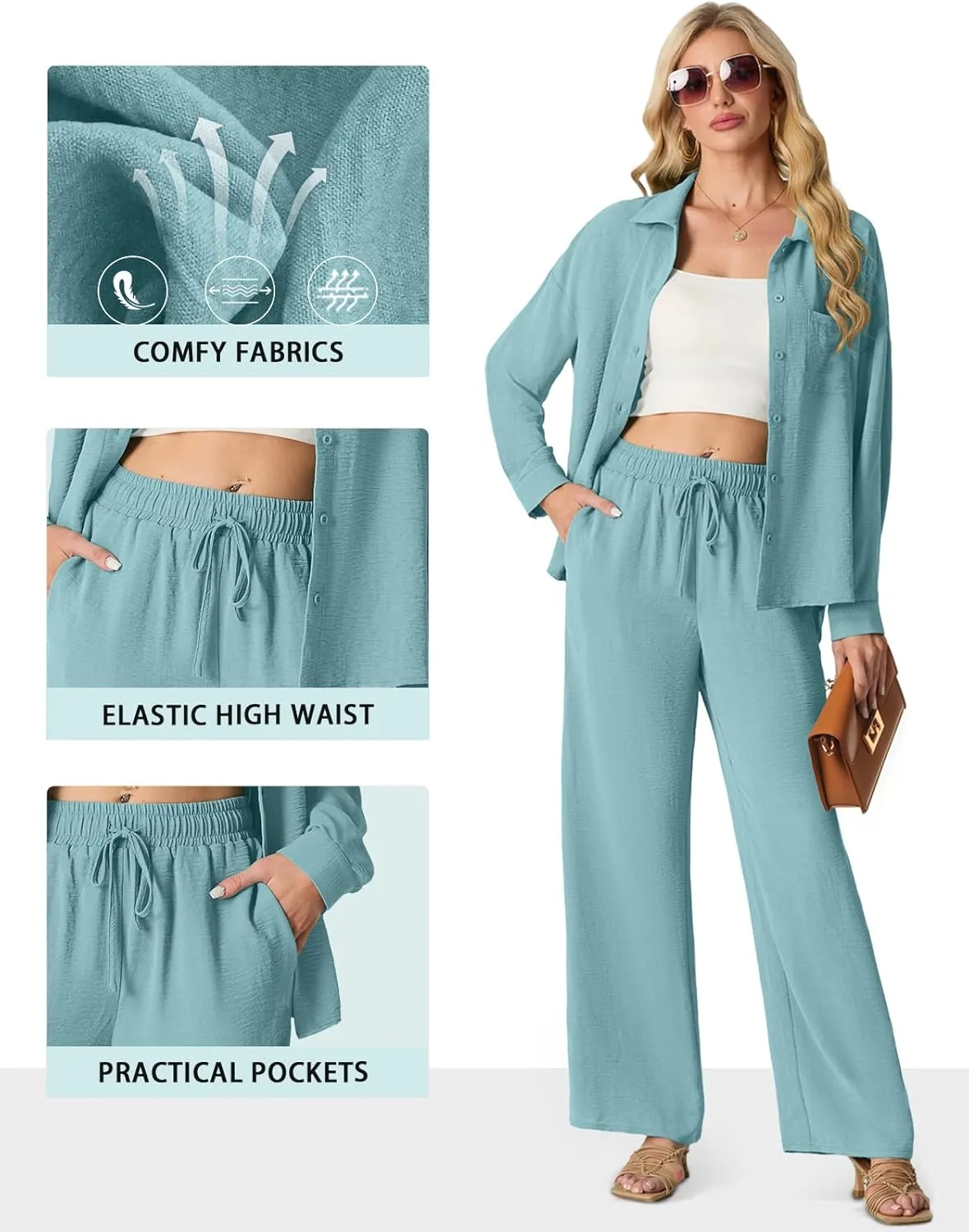 Lepunuo 2 Piece Outfits for Women Casual Lounge Sets Long Sleeve Button Down Shirts and Wide Leg Pants Sets Tracksuit