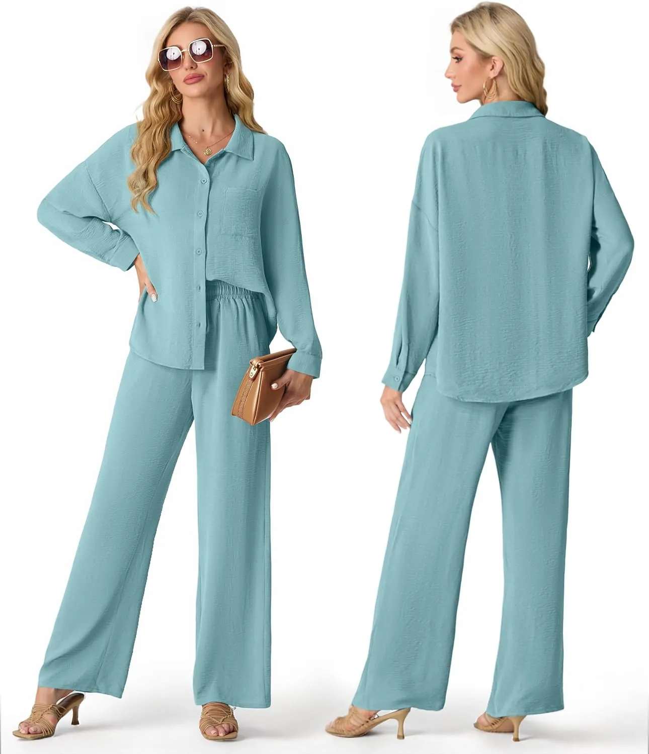 Lepunuo 2 Piece Outfits for Women Casual Lounge Sets Long Sleeve Button Down Shirts and Wide Leg Pants Sets Tracksuit