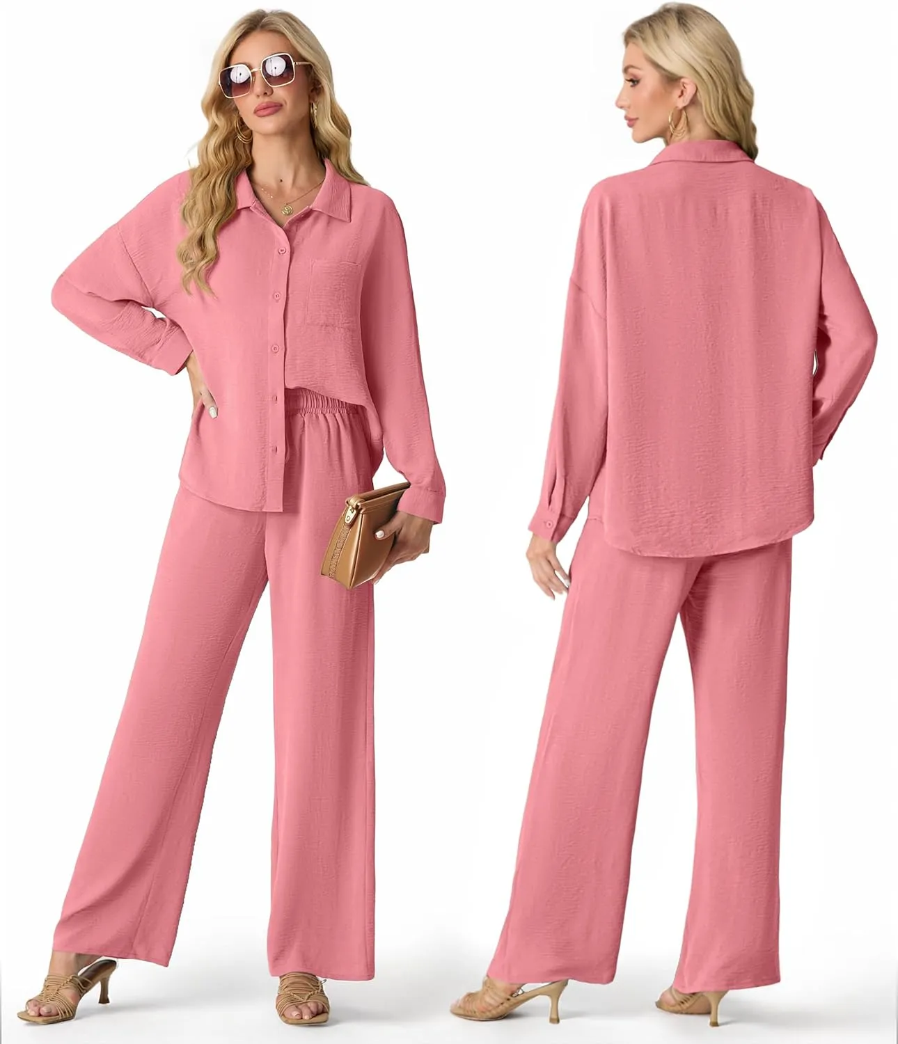 Lepunuo 2 Piece Outfits for Women Casual Lounge Sets Long Sleeve Button Down Shirts and Wide Leg Pants Sets Tracksuit