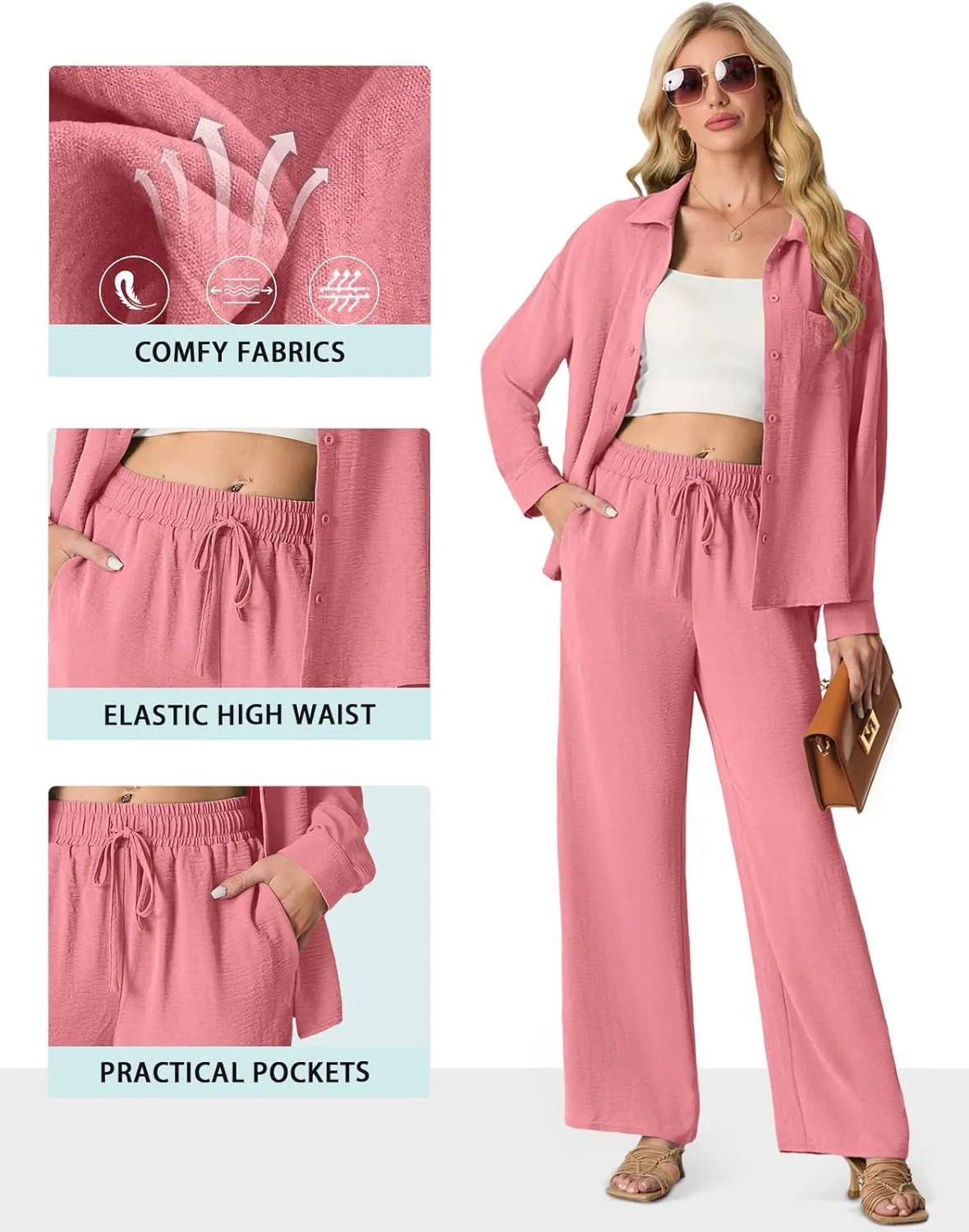 Lepunuo 2 Piece Outfits for Women Casual Lounge Sets Long Sleeve Button Down Shirts and Wide Leg Pants Sets Tracksuit