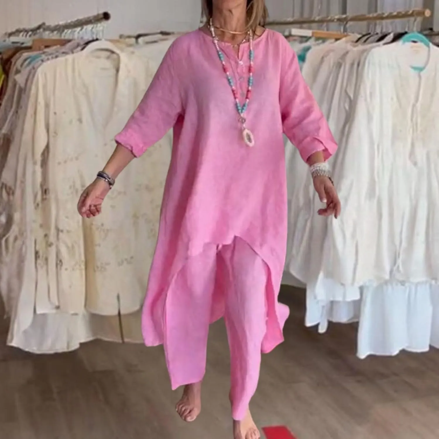 Linen Outfits for Women Two Piece Linen Sets Linen Pant Suits Casual 3/4 Sleeve Maxi Dress Wide Leg Linen Pants Sets