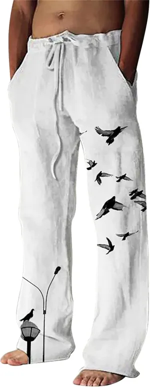 Linen Pants for Men, Mens Casual Pants Lightweight Drawstring Summer Beach Pants Elastic Waist Linen Pants