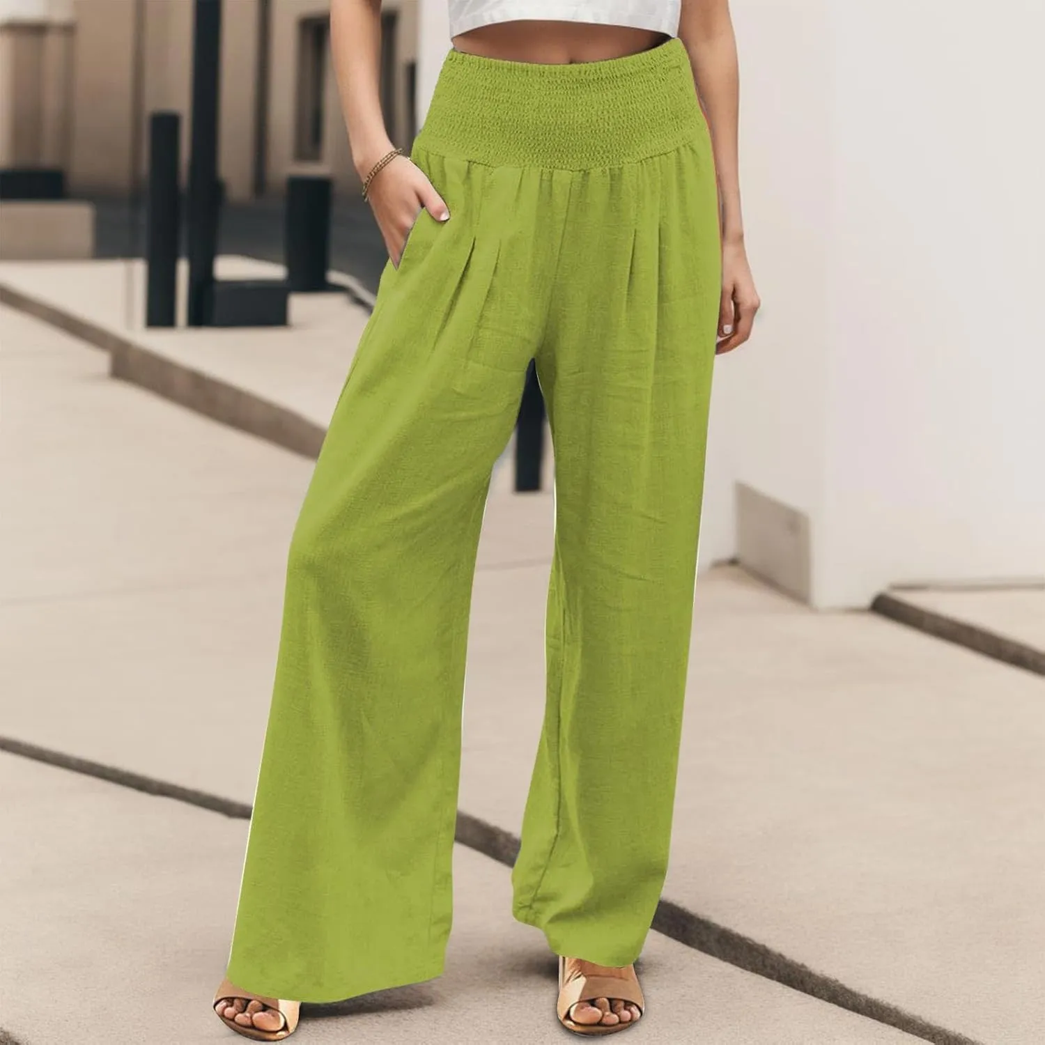 Linen Pants for Women Pleated High Waisted Wide Leg Pants Boho 2025 Summer Casual Pants Baggy Palazzo Pants