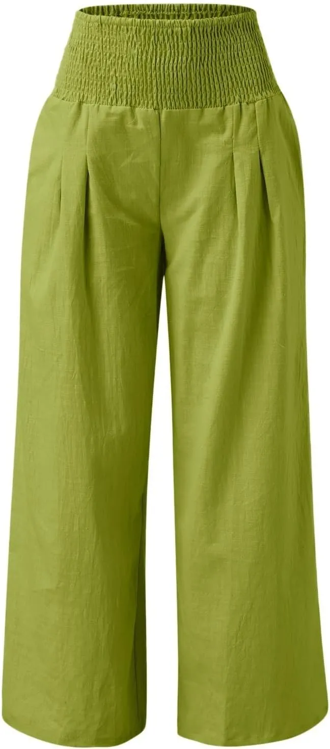 Linen Pants for Women Pleated High Waisted Wide Leg Pants Boho 2025 Summer Casual Pants Baggy Palazzo Pants