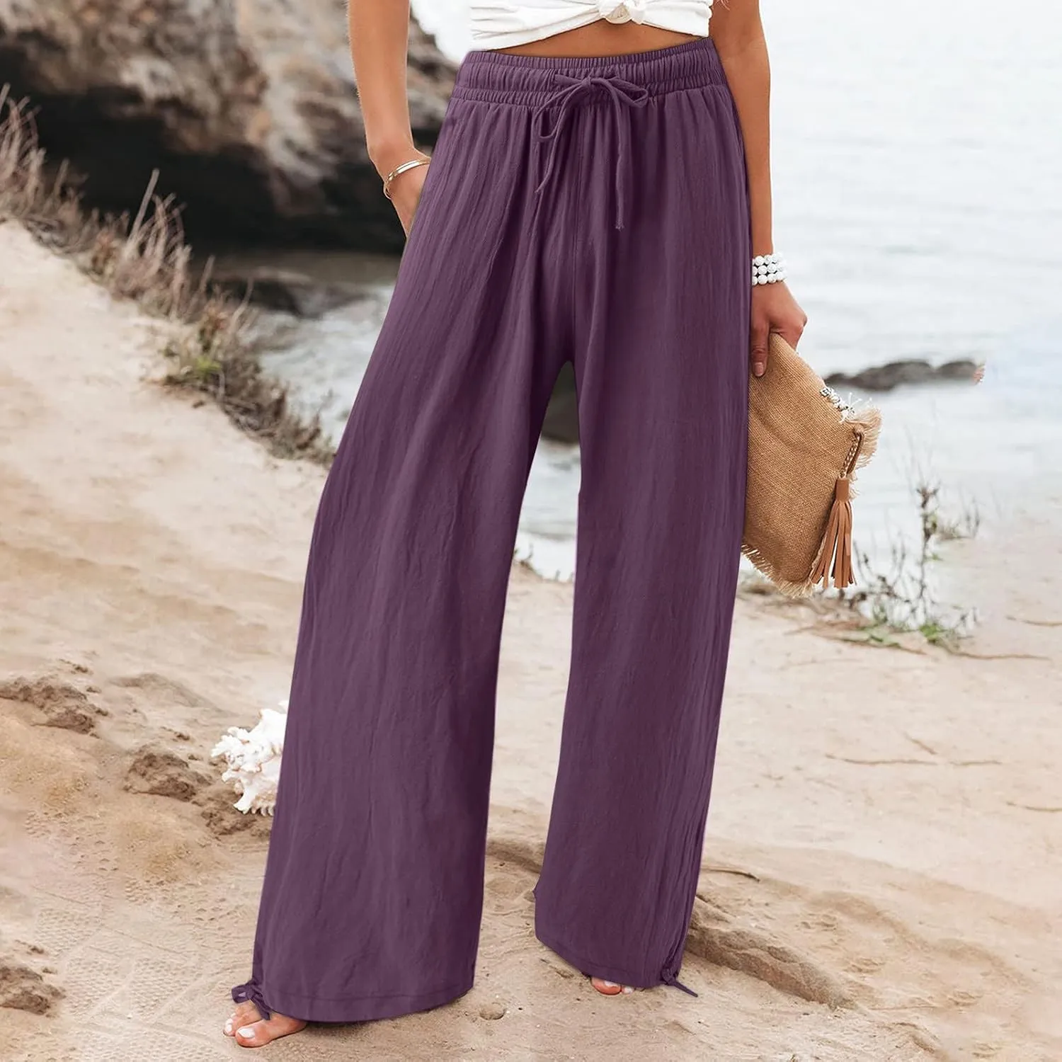 Linen Pants for Women Summer High Waisted Wide Leg Pants Casual Elastic Waist Palazzo Pants Boho Beach Pants
