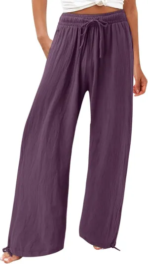 Linen Pants for Women Summer High Waisted Wide Leg Pants Casual Elastic Waist Palazzo Pants Boho Beach Pants