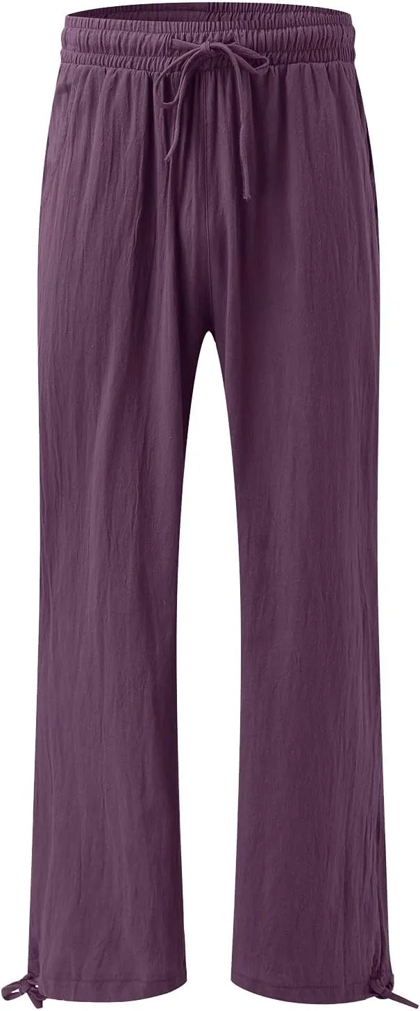 Linen Pants for Women Summer High Waisted Wide Leg Pants Casual Elastic Waist Palazzo Pants Boho Beach Pants