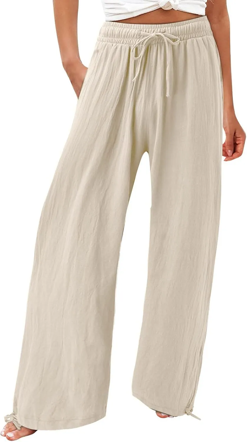 Linen Pants for Women Summer High Waisted Wide Leg Pants Casual Elastic Waist Palazzo Pants Boho Beach Pants