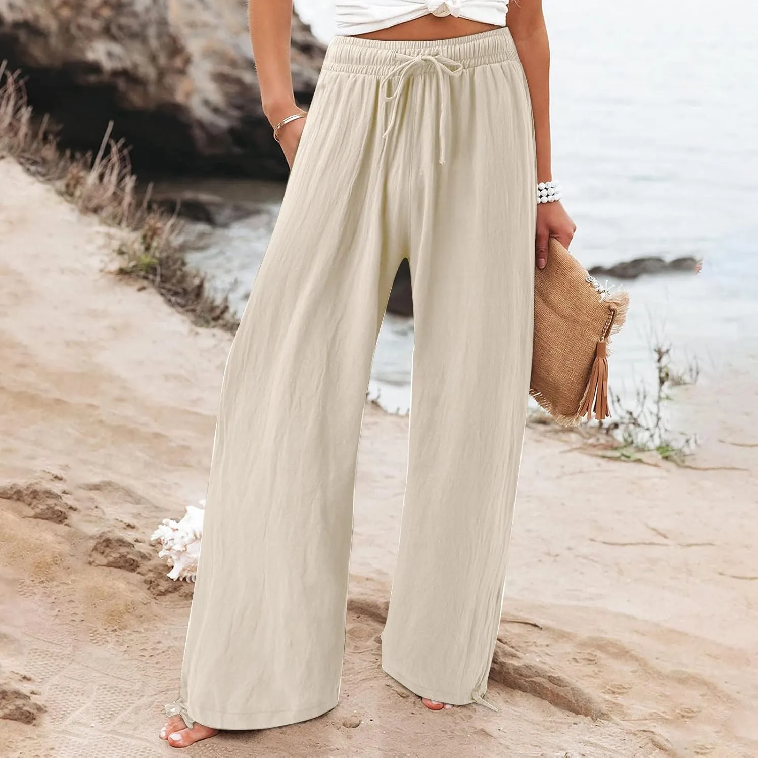 Linen Pants for Women Summer High Waisted Wide Leg Pants Casual Elastic Waist Palazzo Pants Boho Beach Pants