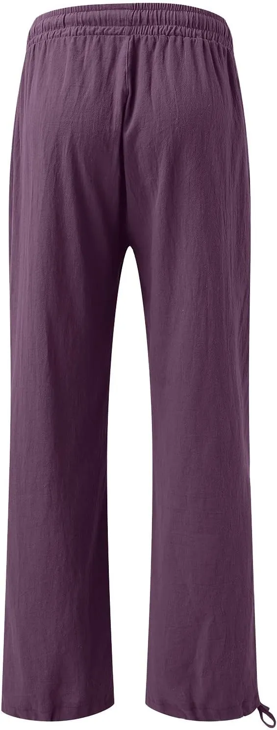Linen Pants for Women Summer High Waisted Wide Leg Pants Casual Elastic Waist Palazzo Pants Boho Beach Pants