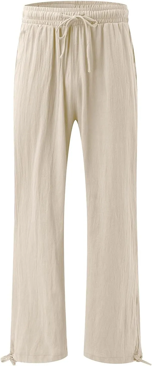 Linen Pants for Women Summer High Waisted Wide Leg Pants Casual Elastic Waist Palazzo Pants Boho Beach Pants