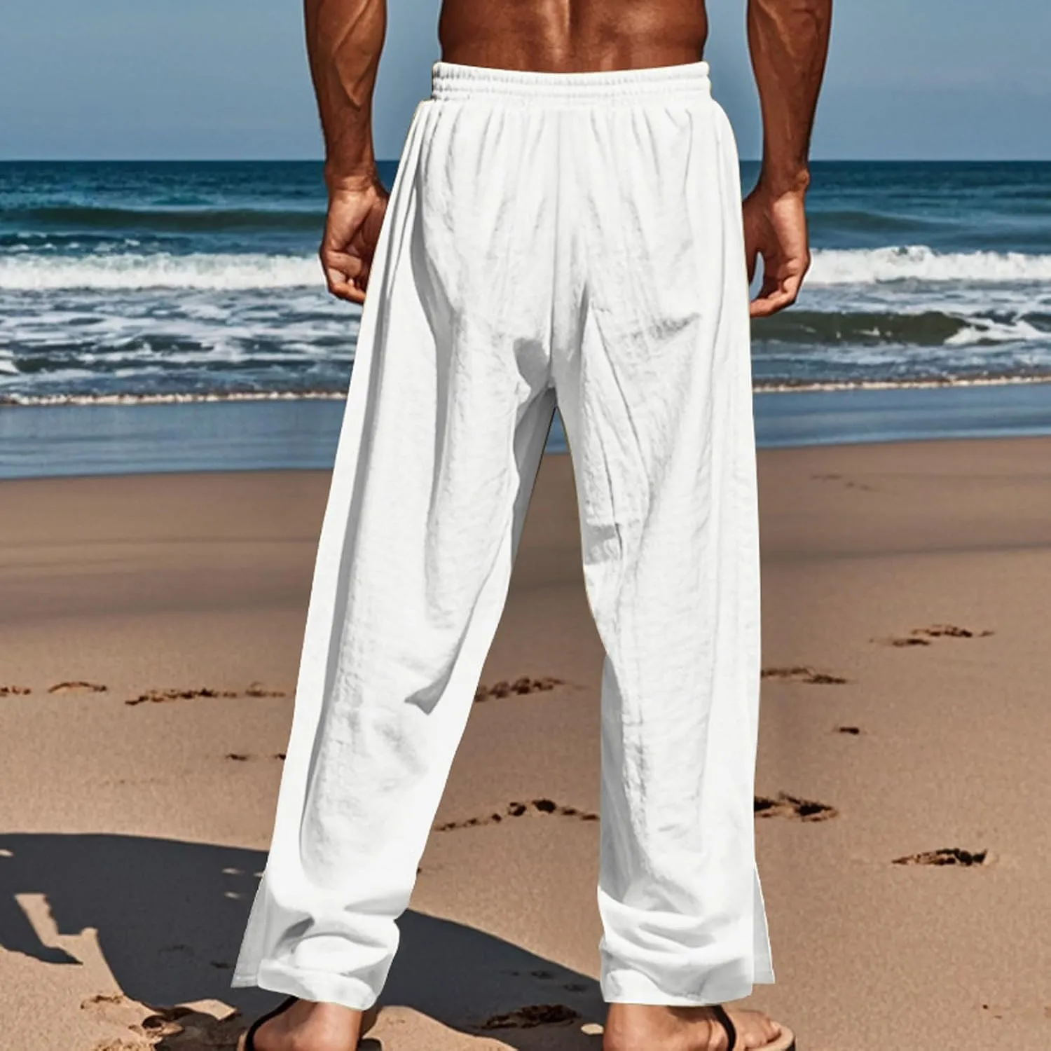Linen Pants Mens Casual Pants Relaxed-Fit Beach Pants Summer Trousers Soft Elastic Waist Pants